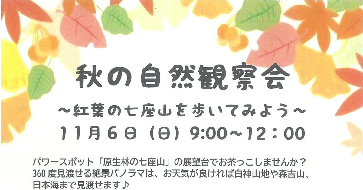 【11月6日】二ツ井町で「秋の自然観察会〜紅葉の七座山を歩いてみよう〜」が開催されるみたい！
