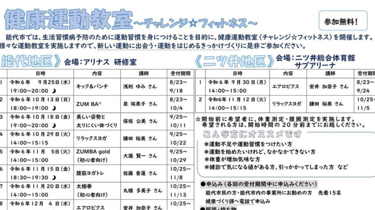 【9月25日〜1月29日】アリナスと二ツ井総合体育館で「健康運動教室〜チャレンジ☆フィットネス」 が開催されるみたい！